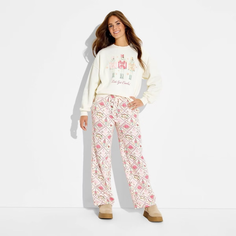 Women's Nutcracker Print Fleece Graphic Pants - Off-White NWT
